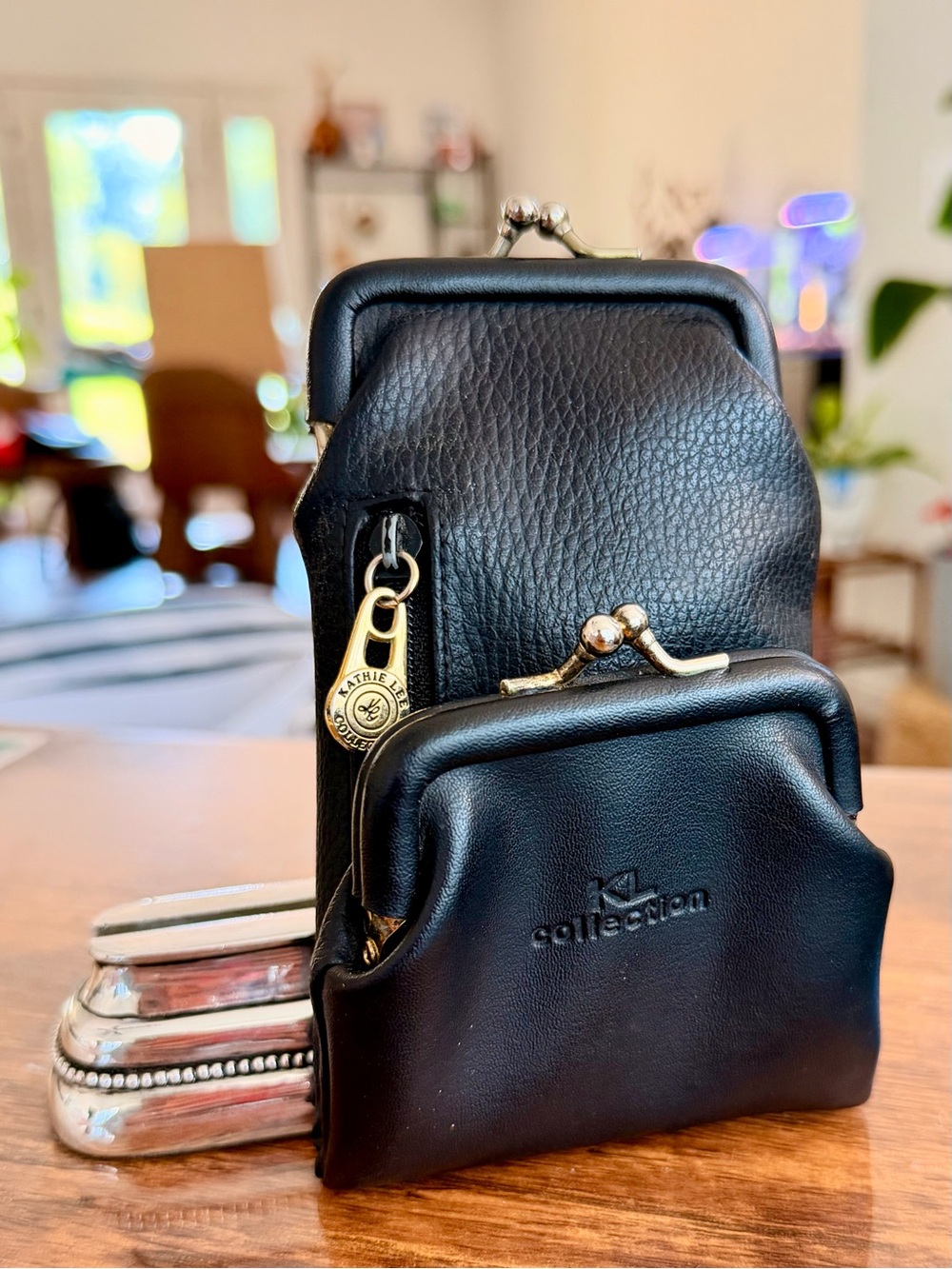 Kalli Collection Black Leather Mini Coin Purse Set with Gold Hardware 90’s style